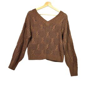 Pink Rose Pullover V-Neck Sweater Long Sleeve Button Back Sz Medium Muted Brown